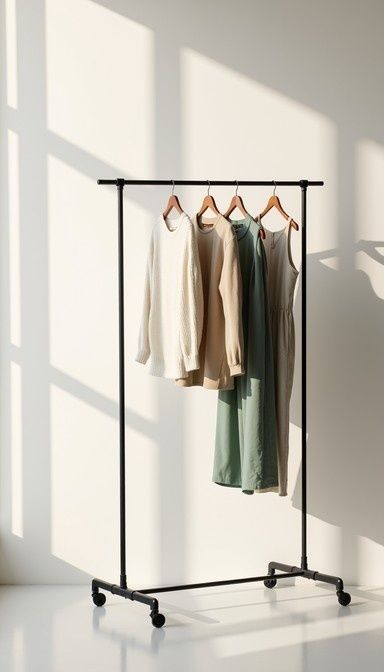 Klädställning med några få neutrala plagg i en ljus, minimalistisk miljö